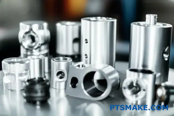 Various CNC machined components showing material selection options for high volume manufacturing applications