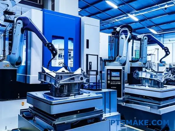 Advanced robotic CNC machining system processing precision components for high-volume manufacturing applications