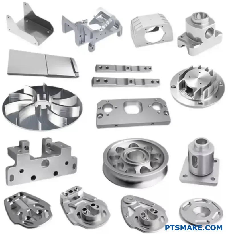 Różne precyzyjne części ze stopów aluminium prezentujące tolerancje obróbki CNC i właściwości materiałów do zastosowań produkcyjnych