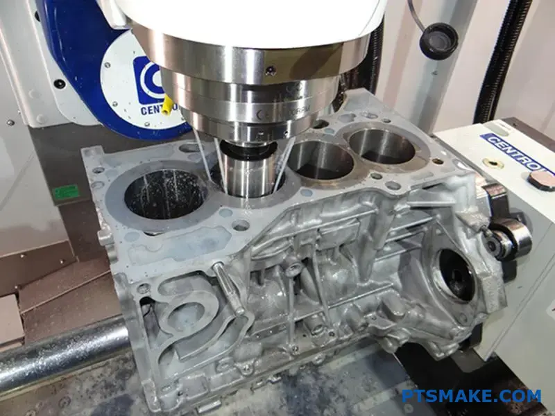 Advanced 5-axis CNC machine producing complex aluminum aerospace components in high-volume manufacturing facility