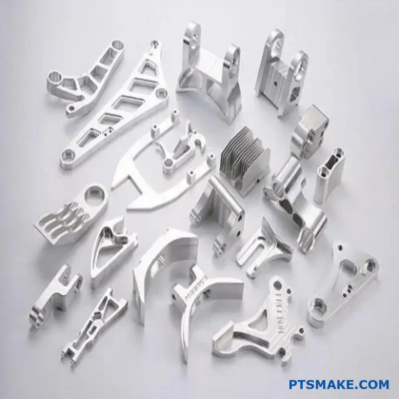 Różne aluminiowe części lotnicze obrabiane CNC o wąskich tolerancjach i doskonałym wykończeniu powierzchni na stole warsztatowym