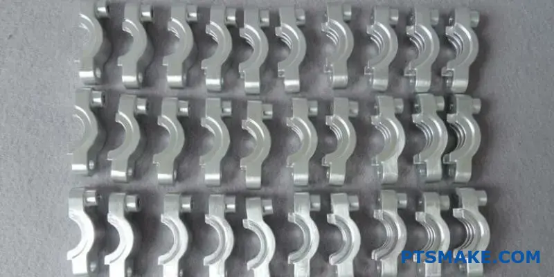 Rows of identical precision-machined aluminum brackets demonstrating consistent quality control in high volume manufacturing processes