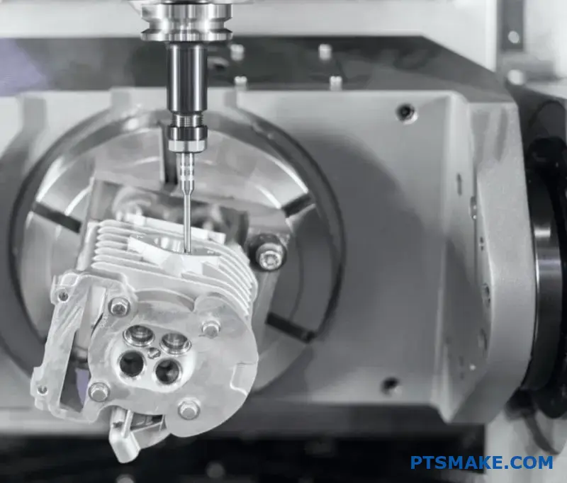 Advanced 5-axis CNC machine precisely machining complex aluminum part with optimal tool engagement for superior surface finish