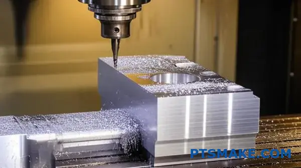 Fresadora CNC que corta com precisão um bloco de alumínio numa peça personalizada com aparas de metal na mesa da oficina