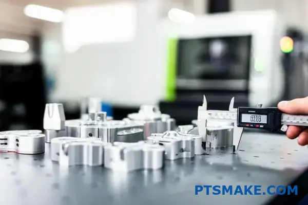 Especialista em controlo de qualidade que inspecciona componentes de alumínio maquinados por CNC utilizando ferramentas de medição de precisão nas instalações de fabrico