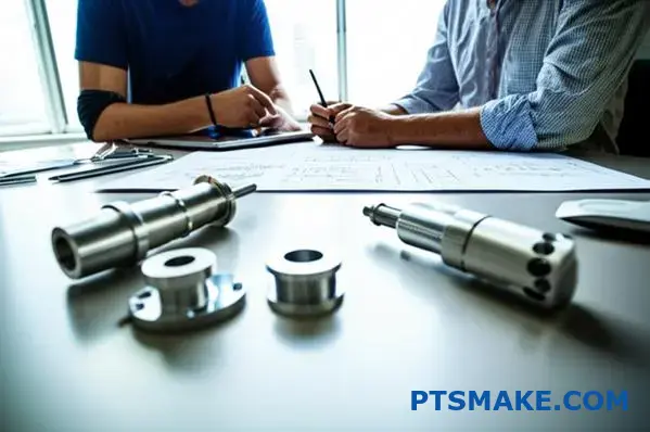 Engenheiros a colaborar em projectos de maquinação de alumínio de precisão durante uma reunião de consulta profissional