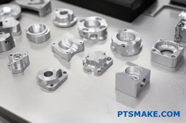 Vários componentes de alumínio maquinados por CNC que demonstram princípios de conceção para fabrico e tolerâncias de precisão