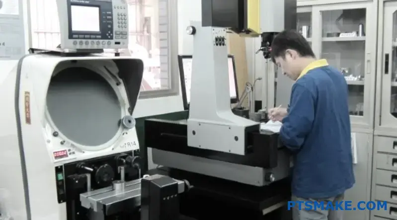 Quality control specialist performing precision measurements during high volume manufacturing inspection process