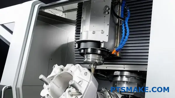 Advanced 5-axis CNC machine performing multi-axis machining operations on precision aluminum aerospace bracket component in industrial setting