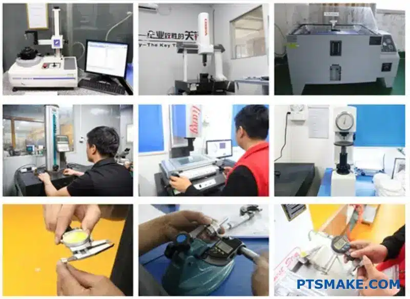 Quality inspector measuring precision machined components with digital calipers in high volume cnc manufacturing facility