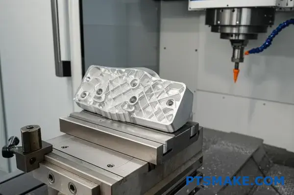 Precision 5-axis CNC machining of metallic aerospace bracket showing advanced multi-axis manufacturing capabilities and reduced setup requirements