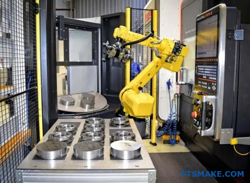 Robotic arm efficiently loading precision machined components in high volume manufacturing facility for cost-effective production