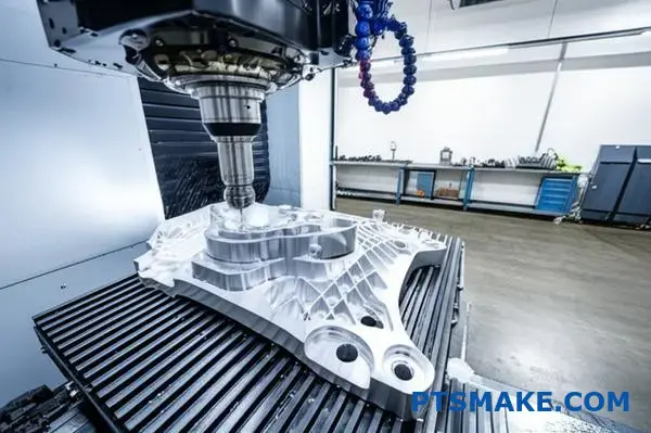 Advanced 5-axis CNC machine performing precision multi-axis machining operations on complex metal component in manufacturing facility