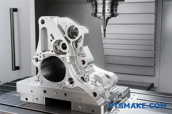 Precision 5-axis CNC machined titanium aerospace bracket with angled holes and complex cavities on industrial workbench