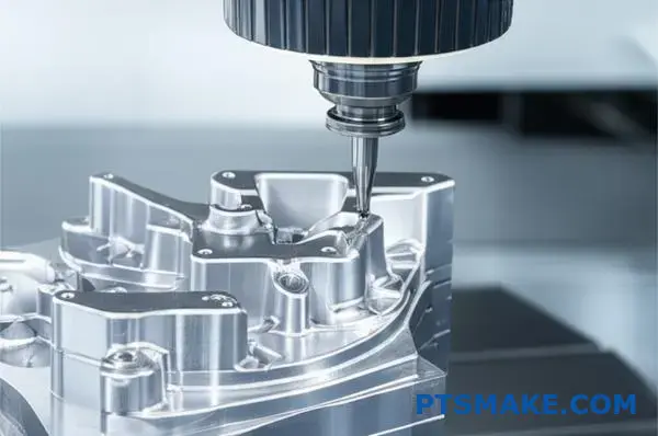 Advanced five axis CNC machine creating precision titanium component with complex geometry in professional manufacturing facility