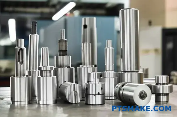 Diversos ejes metálicos y piezas cilíndricas torneados con precisión que muestran la precisión y consistencia del mecanizado en tornos CNC.