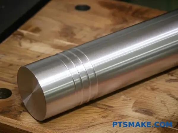 Eje cilíndrico de aluminio mecanizado con precisión de alta calidad que muestra la precisión del torneado CNC y el suave acabado de la superficie en la mesa del taller.