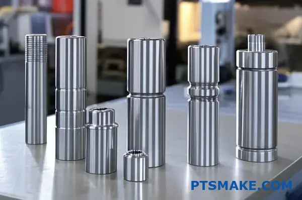 Piezas de ejes metálicos de precisión con distintos acabados superficiales procedentes de operaciones de torneado CNC en banco de trabajo.