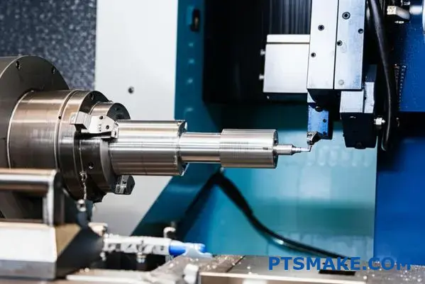 Torno CNC torneando un componente de eje de aluminio plateado mostrando el proceso de fabricación de precisión