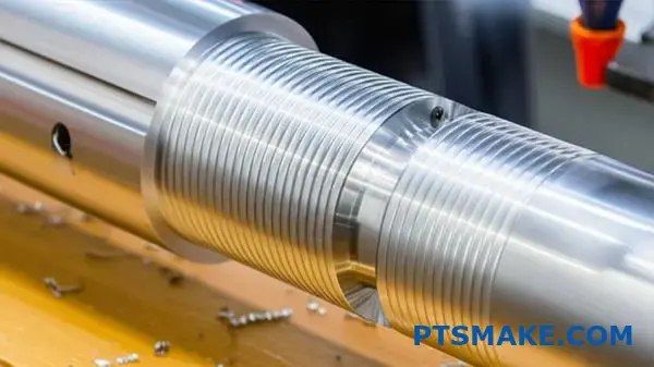 Eje cilíndrico de precisión mecanizado en torno CNC con proceso de corte de metal visible y ranuras detalladas.
