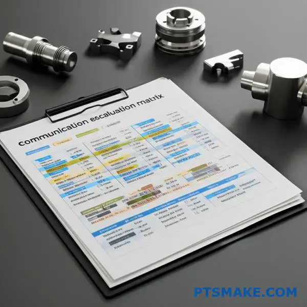Documentación profesional de gestión de proyectos con estructura de comunicación del flujo de trabajo de mecanizado CNC en mesa de conferencias