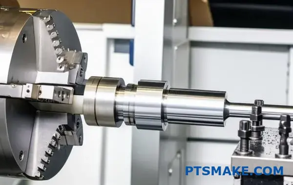 Torno CNC mecanizando con precisión un componente metálico de un eje en unas modernas instalaciones de fabricación.
