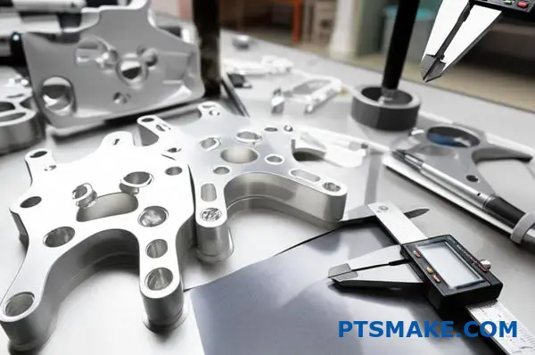 Supports aérospatiaux en aluminium usinés avec précision et avec des tolérances serrées sur une table d'inspection illustrant la qualité de la fabrication CNC