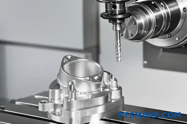 Usinage précis d'une pièce aérospatiale complexe en aluminium par une fraiseuse CNC à 5 axes dans une installation de fabrication professionnelle mettant en valeur les capacités d'usinage CNC de précision.