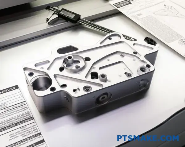 CNC-bearbetat aluminiumfäste med hög precision som genomgår kvalitetsinspektion av professionella tillverkningsspecialister