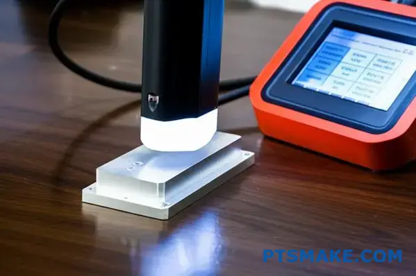 Professionell PMI-analysator som verifierar den kemiska sammansättningen av aluminiummaterial i kvalitetskontrollprocessen för precisionsbearbetning