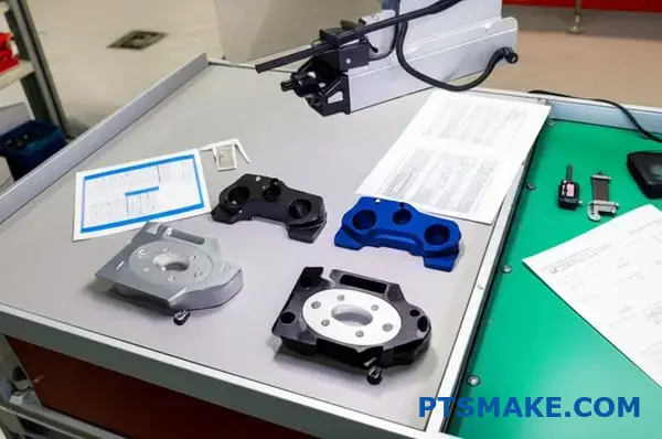 Flera aluminiumfästen för flyg- och rymdindustrin med olika anodiserade ytbehandlingar visas på inspektionsbord med kvalitetsdokumentation från tillverkare av cnc-bearbetning med precision