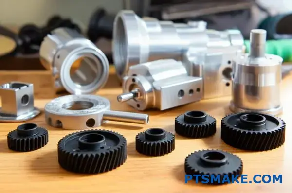 Precisionsbearbetade aluminiumdelar och formsprutade kugghjul som demonstrerar omfattande kapacitet för CNC-tillverkning och gjutningstjänster