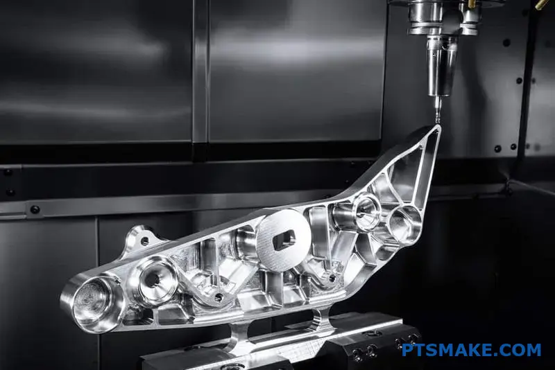 Advanced 5-axis CNC machining center processing intricate aluminum component with rotational capabilities for precision manufacturing