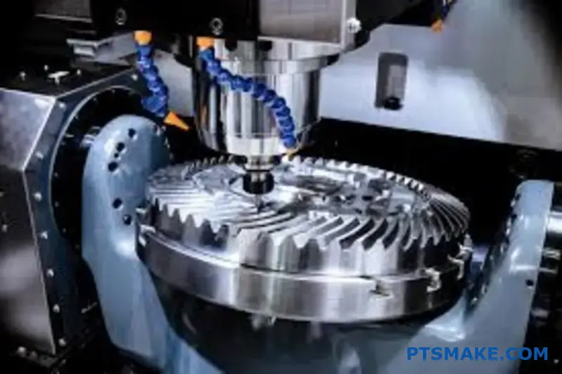 Short rigid cutting tool performing advanced 5-axis CNC machining on curved aluminum turbine blade showing optimized tool positioning