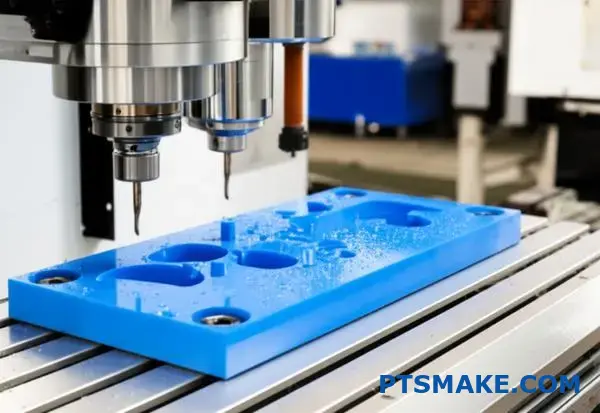 Frezarka CNC precyzyjnie tnąca niebieską plastikową część z zautomatyzowanym oprzyrządowaniem w warsztacie produkcyjnym