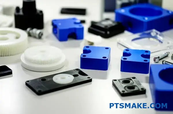 Różne części plastikowe obrabiane CNC prezentujące możliwości precyzyjnej produkcji do zastosowań inżynieryjnych