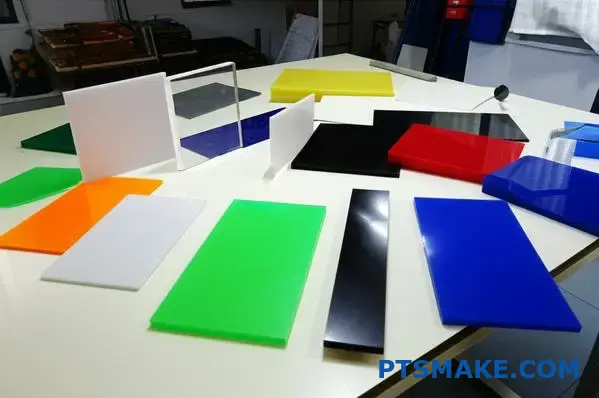 Różne tworzywa sztuczne do obróbki CNC, w tym nylon akrylowy i tworzywa konstrukcyjne na stole warsztatowym