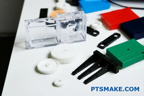 Różne plastikowe części i komponenty używane w obróbce CNC tworzyw sztucznych wyświetlane na powierzchni biurka