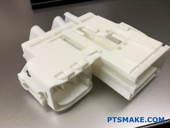 Szczegółowy widok misternie obrobionego złącza z tworzywa sztucznego prezentującego precyzyjne możliwości produkcyjne CNC i geometrię o wąskiej tolerancji