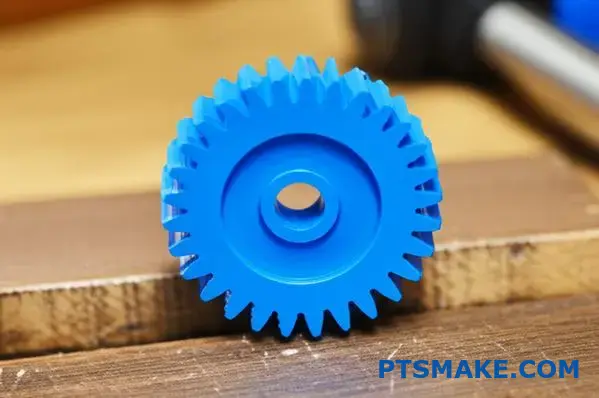 Zbliżenie precyzyjnie obrobionego niebieskiego plastikowego koła zębatego pokazującego ścisłą tolerancję jakości obróbki cnc tworzyw sztucznych i szczegółową strukturę zębów