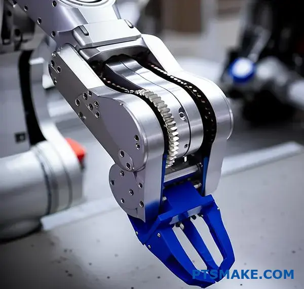 Przemysłowe ramię robotyczne z precyzyjnie obrobionymi elementami z tworzywa sztucznego prezentujące tolerancje produkcyjne CNC i inżynierię automatyzacji