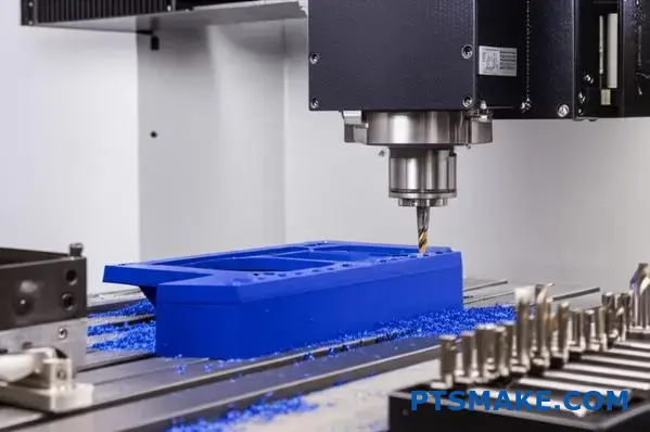 Frezarka CNC wykonująca precyzyjną obróbkę plastiku na niebieskim elemencie, pokazująca narzędzia skrawające i jakość wykończenia powierzchni