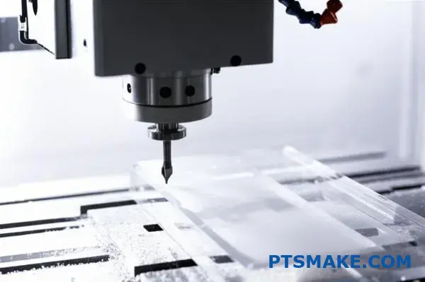 Frezarka CNC precyzyjnie tnąca przezroczysty blok z tworzywa sztucznego, pokazująca optymalne parametry obróbki dla wysokiej jakości wykończenia powierzchni