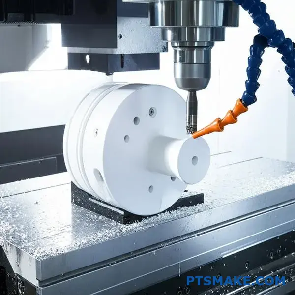 Frezarka CNC precyzyjnie tnąca białą plastikową część cylindryczną pokazującą proces obróbki tworzyw sztucznych cnc za pomocą metalowego narzędzia tnącego