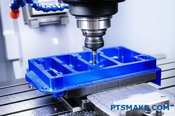 Maszyna CNC precyzyjnie tnąca niebieski element elektroniczny z poliwęglanu, demonstrująca możliwości obróbki tworzyw sztucznych do szybkiego prototypowania