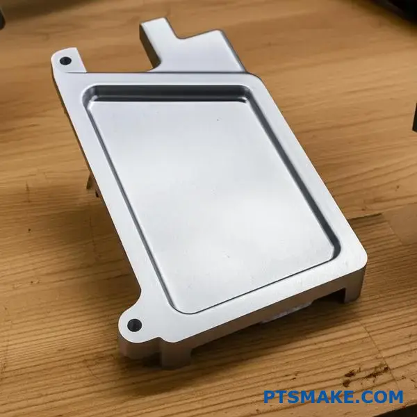 Obrabiany CNC aluminiowy wspornik samochodowy z jednolitym wykończeniem powierzchni na stole warsztatowym, demonstrujący kontrolę jakości obróbki tworzyw sztucznych