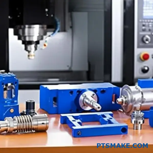 Precyzyjne części z tworzyw sztucznych produkowane w procesach obróbki CNC wyświetlane na powierzchni warsztatu