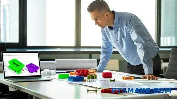 Inżynier analizujący rysunki techniczne i specyfikacje obróbki tworzyw sztucznych z prototypowymi częściami na stole konferencyjnym