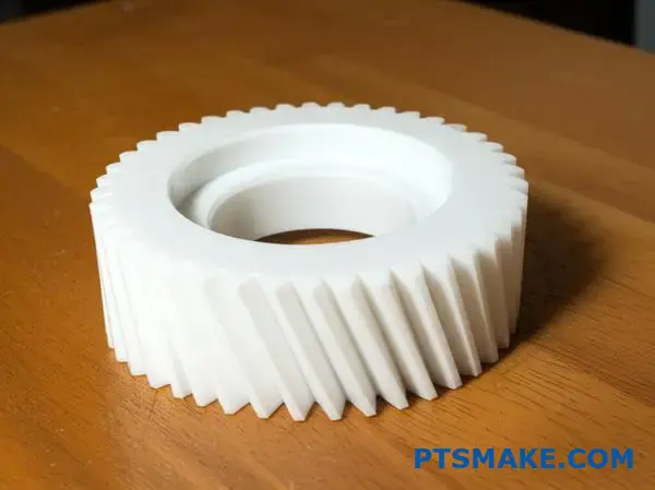 Præcisions CNC-bearbejdet hvidt nylongear med fremragende overfladefinish og detaljeret tandprofil til mekaniske anvendelser