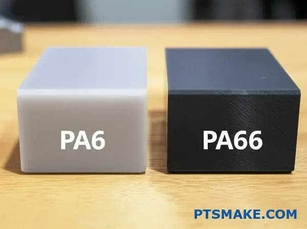 To nylonplastblokke, der viser materialeforskelle mellem PA6 og PA66 til CNC-bearbejdning